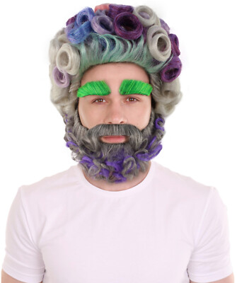 HPO Erwachsene Herren bunte Afro Perücke, mit Bart & Schnurrbart Set, HM-1353