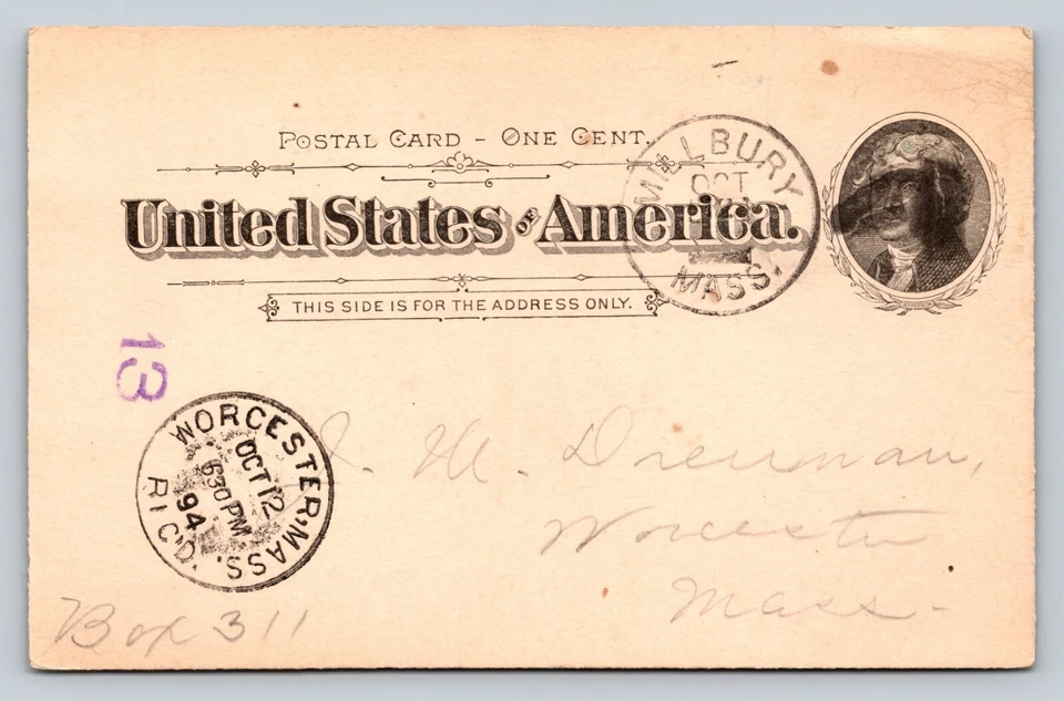 1894 UX12 Postal Card Jefferson 1c RARE Interesting FANCY Cancellation Mark - Image 2 of 3