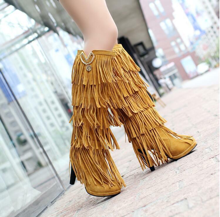 Womens Fashion Suede High Heel Fringe Tassel Western Knee High