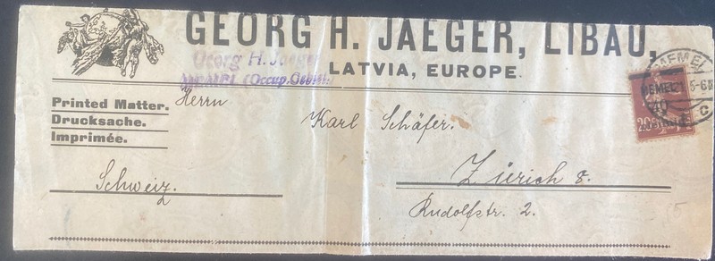 1921 Memel Postcard Commercial Wrapper Cover To Zurich Switzerland
