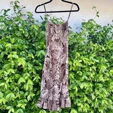 San Joy Paisley Dress in Brown Tan Vintage Y2K Spaghetti Strap Ruffle Size Small