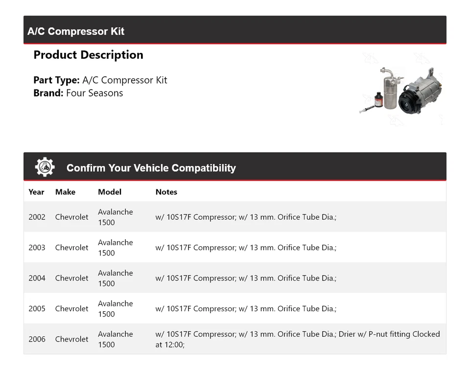 Комплект компрессора кондиционера для Chevrolet Avalanche 1500 2002-2006 годов выпуска 4 сезона 2003 2004 - Изображение 2 из 4