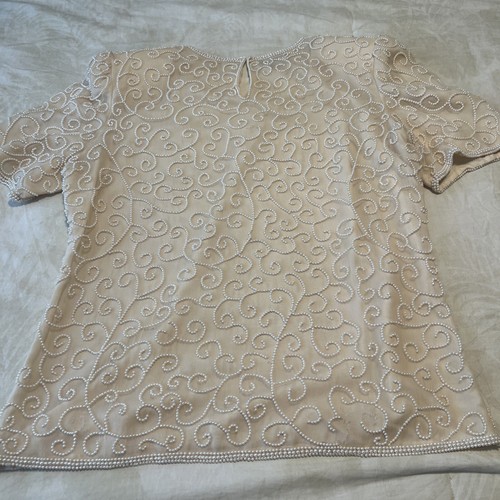 Vintage Lawrence Kazar Silk White Embellished Beaded Evening Blouse, Large - Picture 13 of 13