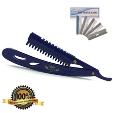 BARBER SALON NAVY BLUE HAIR SHAPER SHAVER STRAIGHT RAZOR + 5 SHAPER BLADES FREE