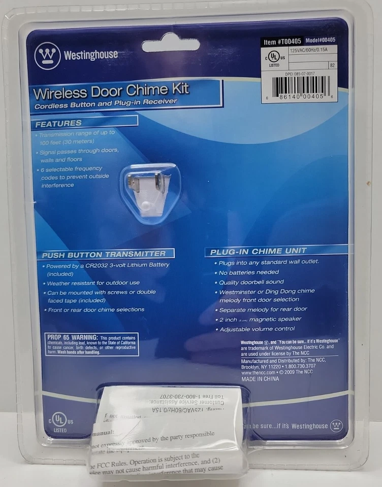 Westinghouse Wireless Door Chime Kit Cordless Button & Plug In Receiver - 00405. - Image 3 of 4