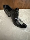 FENTON Black Glass CABBAGE ROSE Slipper Shoe HANDPAINTED SIGNED R. BALES