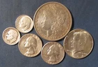 LOT 6 US SILVER COINS 1886 MORGAN SILVER DOLLAR 1964 HALF $ 2 QUARTERS ++