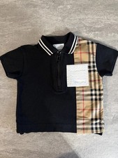 Burberry Kids Polo Shirt Black Check Pocket Short Sleeve Zip Size 12m 80cm