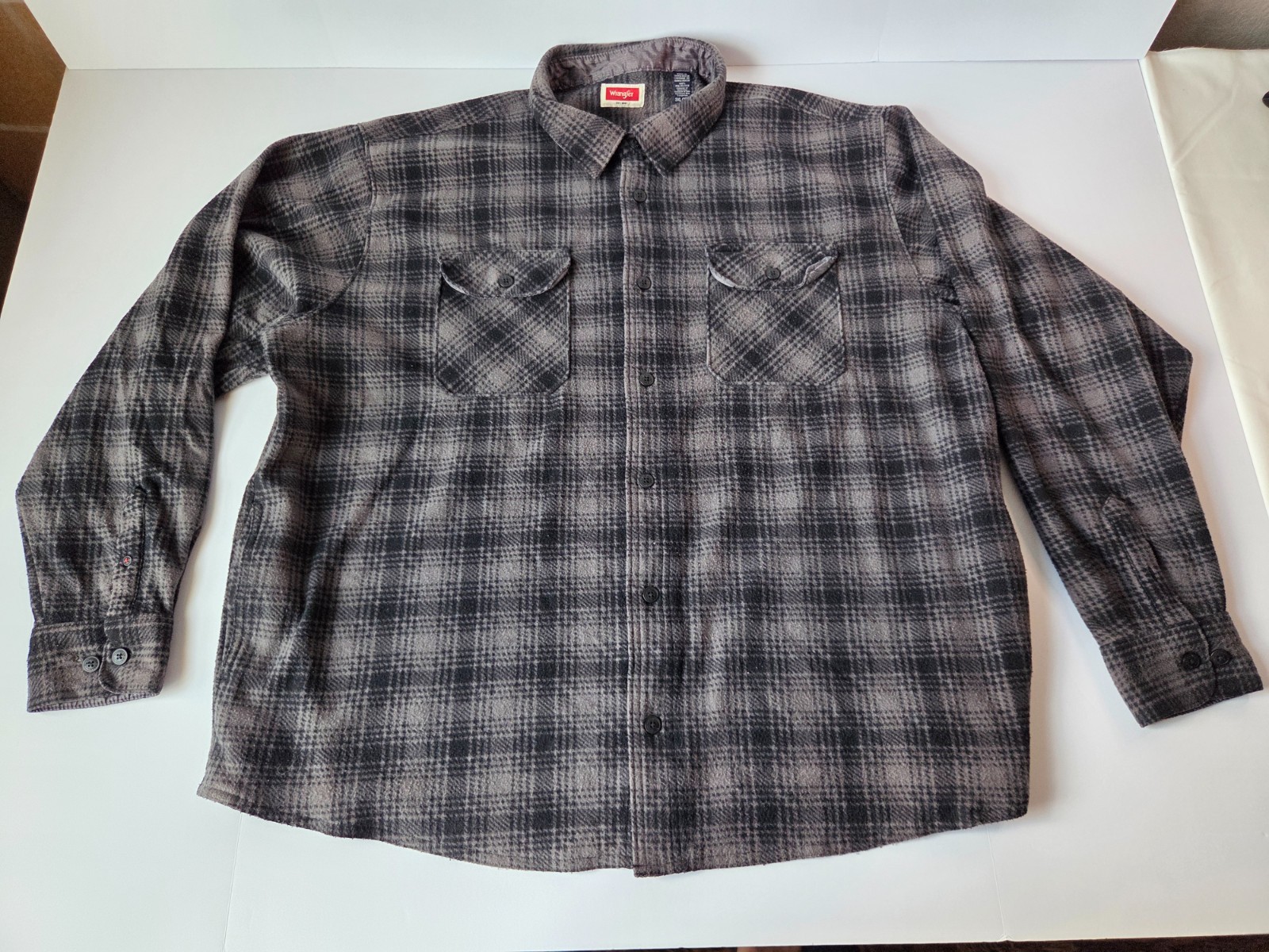 Wrangler Mens 3XL Gray Plaid Flannel Shirt Fleece Button Up Heavyweight