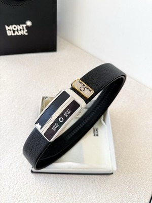 Montblanc Automatic Buckle Belt Black Textured Leather 3.5CM Silver Buckle New