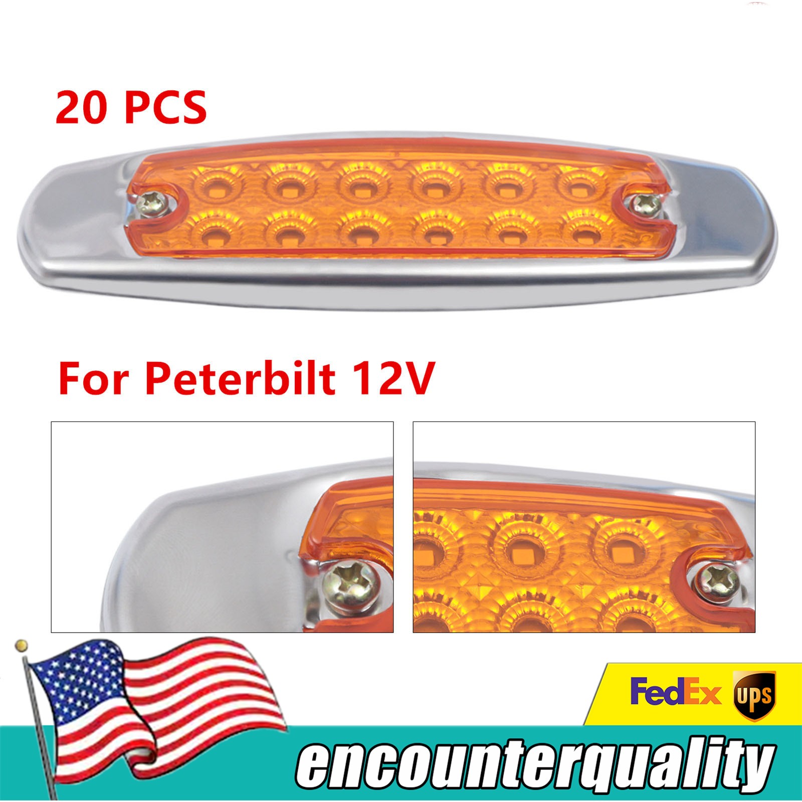20PCS Amber 12-LED Truck Trailer Marker Lights for Peterbilt Clearance