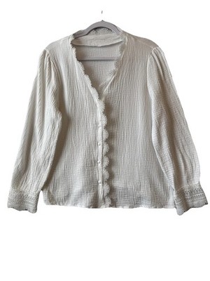 White Cotton Soft Gauze Lace Accent Button Up Top Women's XL Boho Chic Romantic