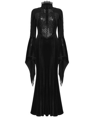 Punk Rave Damen langes Gothic Samt & Spitze Perlen & bestickt Maxikleid