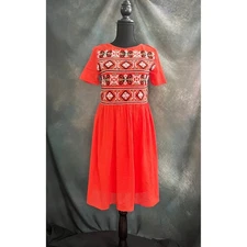 Zara Embroidered Mini Dress Fit & Flare Short Sleeve Orange Casual Womens