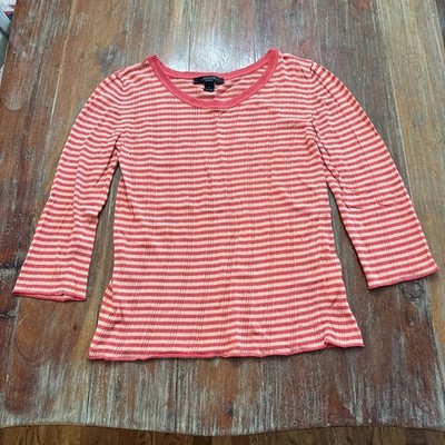 Weekend Max Mara Coral & Tan Striped 3/4 Sleeve Knit Top Lightweight - Size L