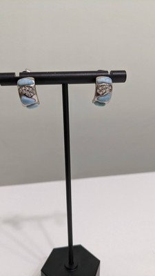 Larimar and Cubic Zirconia Mosaic Rhodium Over Sterling Silver Half Hoop Earring