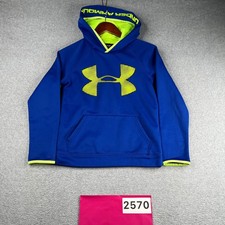 Under Armour Hoodie Sweatshirt Youth Medium Blue Pocket Graphic Print Storm