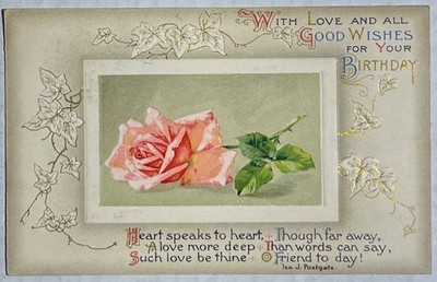 1910 Birthday Postcard Rose Floral Gold Gilt Poem Frederick MD Antique Embossed