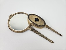 Vtg Distressed Heavy Art Deco Hand Mirror Hair Brush Set Black Gold Toned