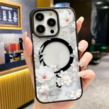 Magnetic Floral Clear Bumper Phone Case Compatible with iPhone 16 15 14 13 Pro