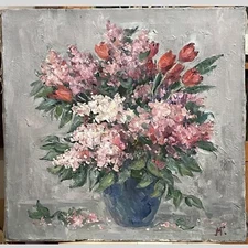 Old OIL Hand PAINTING /Lilac and Tulips in Blue Vase/ Still life Realism SIGNED