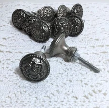1 Silver Pewter Cabinet Drawer Knob Pull Floral Button Vintage  Style