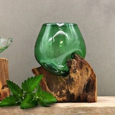 Small Molten Glass Round Bowl On Natural Root Wood Base - Stand Decor Ornament