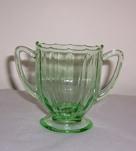 Footed Sugar Bowl Green Depression Glass - Fancy Rim - Paneled Sides
