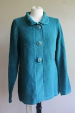 LL Bean L Teal Blue Cotton Angora Knit Button Cardigan Sweater