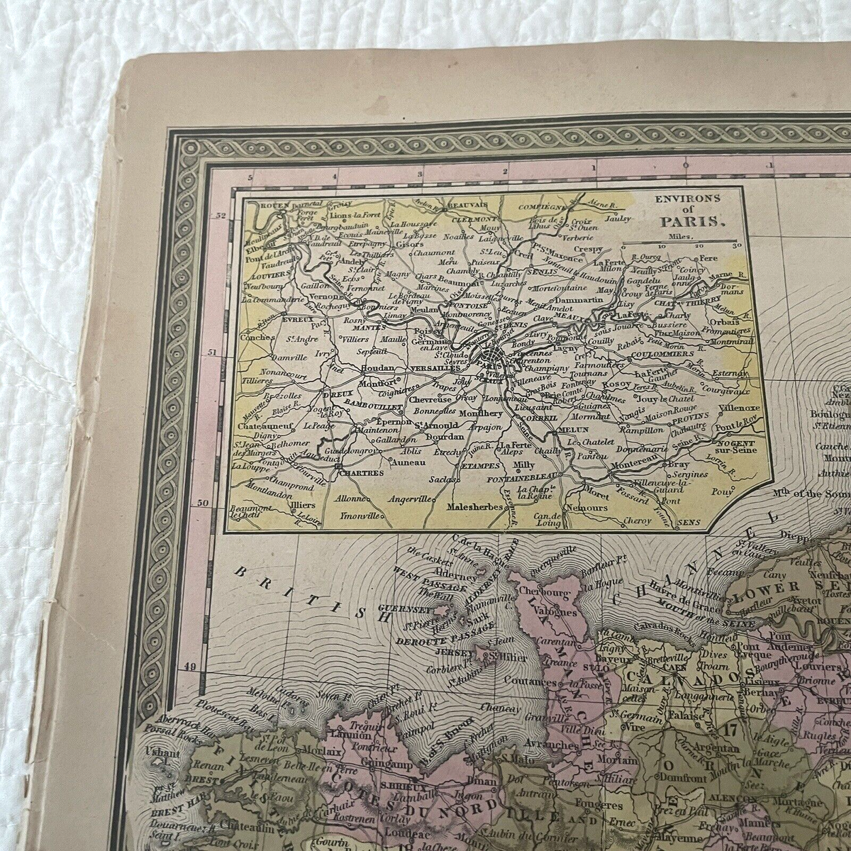 ANTIQUE 1850 MAP of FRANCE, CORSICA, PARIS, 17 ½ INCHES by 14