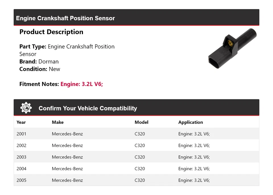 Датчик положения коленчатого вала двигателя для Mercedes-Benz C320 Dorman 2001-2005 годов выпуска 2002 - Изображение 2 из 4