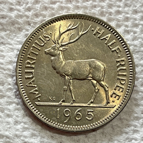 1965 Mauritius Coin Half Rupee Stag Swamp Deer Africa Wildlife Hunting