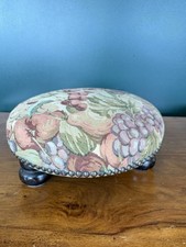 Vintage Round Tapestry Footstool Ottoman Fruit Upholstery 3 Bun Feet 12” Chic