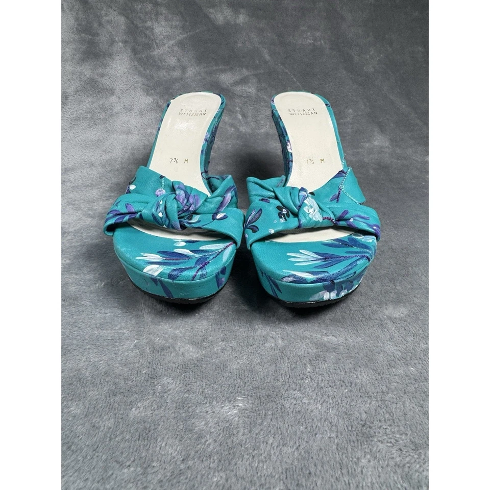 ¡Nuevo! Stuart Weitzman RARO Turquesa Floral Declaración Cuña Sin Cordones Tacón Talla 7.5 Foto 3 de 4