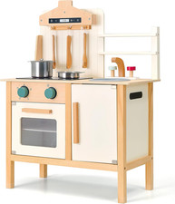 Wooden Play Kitchen for Kids, Adjustable Height Wooden Toys Kids Kitchen Playset