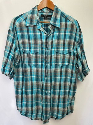 Sean John Mens Linen Short Sleeve Plaid Button Shirt Size XL Blue Pockets Beach