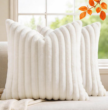 Set of 2 Decorative Throw Pillow Covers 18X18 Faux Fur, Soft Plush Striped Squar