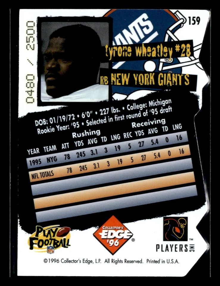 1996 Collector's Edge #159 Tyrone Wheatley Die Cuts SN - Image 2 of 2