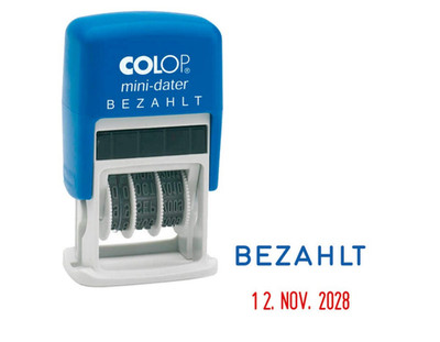 COLOP Datumstempel mit Text ''Bezahlt'' Mini-Dater S 160/L selbstfärbend blau rot,