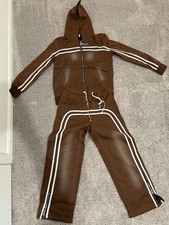 Brown and White Women's Hooded Tracksuit Set with Jacket and Pants