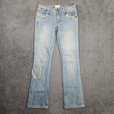Marlow Womens Low Rise Bootcut Jeans Light Wash Distressed Patchwork 30x33