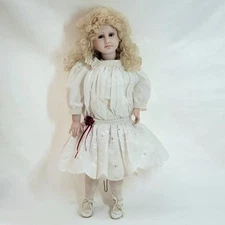 Vintage 1991 Jane Zidjunas Porcelain Doll Elise 20" Curly Blonde Hair Brown Eyes