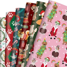 12 Sheets Dog Christmas Wrapping Paper, Red Green Cute Animal Paw Print Gift Wra