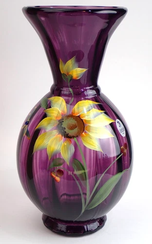 Retired Fenton Glass Aubergine Purple Autumn Sunflower Dragonfly Vase & Orig Box