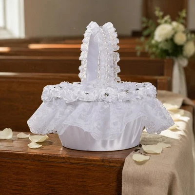 Panier Blanc En Dentelle Romantique Accessoire de Mariage Perles pour Cérémonie - Photo 1/4