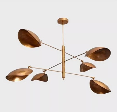 Mid Century Modern Curved Disk Chandelier 6 Light Leaf Shade Brass by LD
