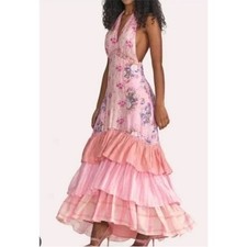 NEW $800 Loveshackfancy Sicilia Silk PINK Ruffled SAND Maxi Dress sz 2