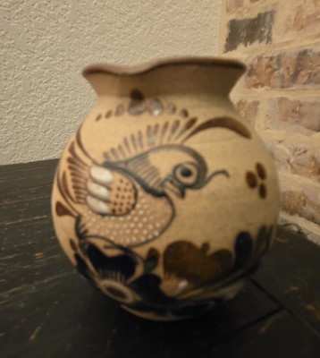 Sandstone Pitcher Stoneware Tonala Mexican Pottery Vase Folk Art Quail Bird 