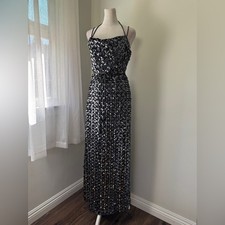 Vintage ‘90s Black Sequined Sleeveless Belted Evening Gown
