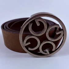 Vtg-Guess Silver G Logo Circular Buckle with Light Brown / Dark Leather Belt  